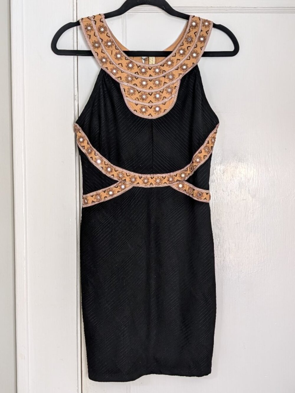 Free People Black Bronze Nefertiti Jewel Textured Stretch Mini Dress Women's S